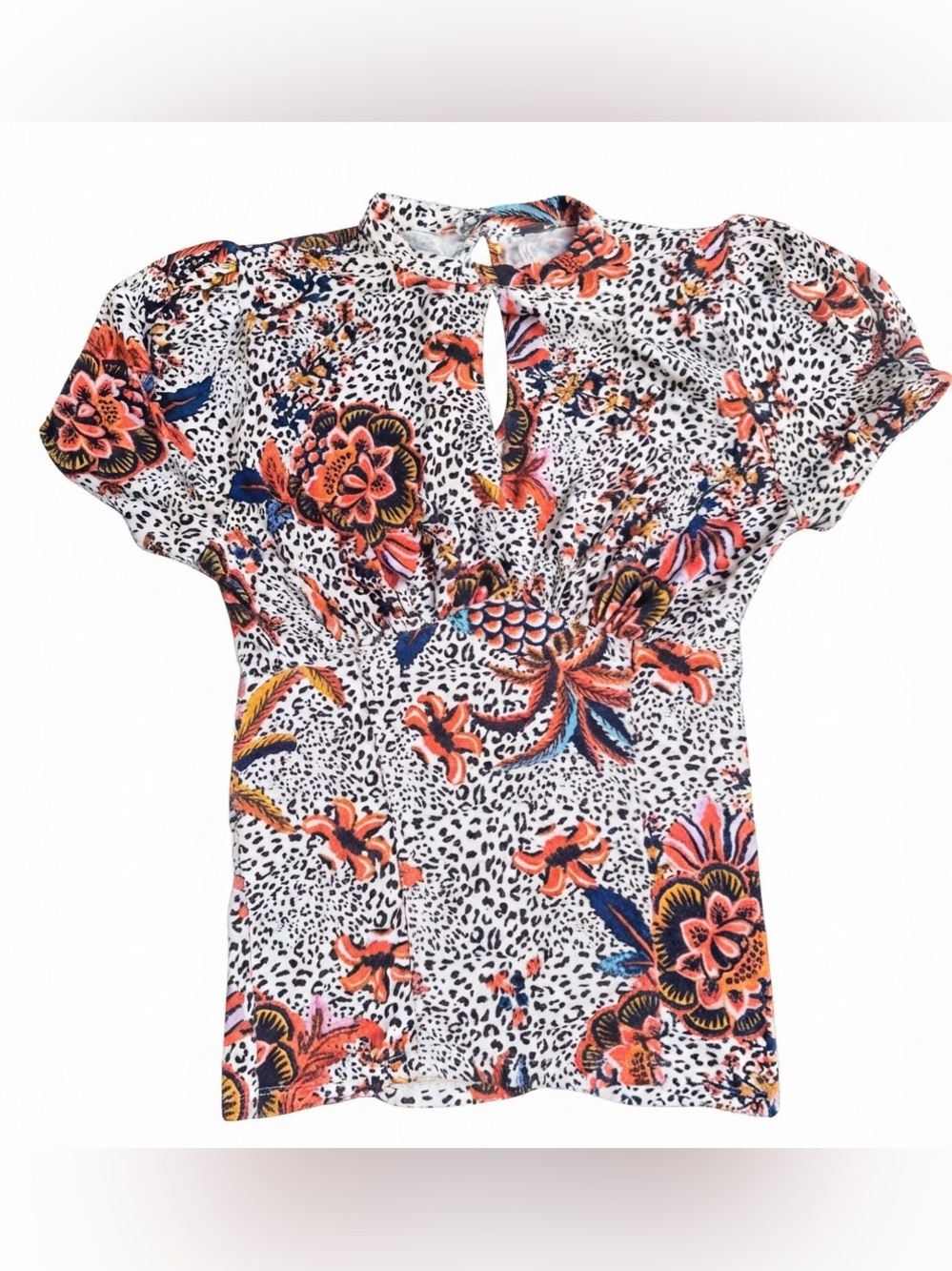Free People Printed Mock Neck Keyhole Top Leopard Floral Size XS